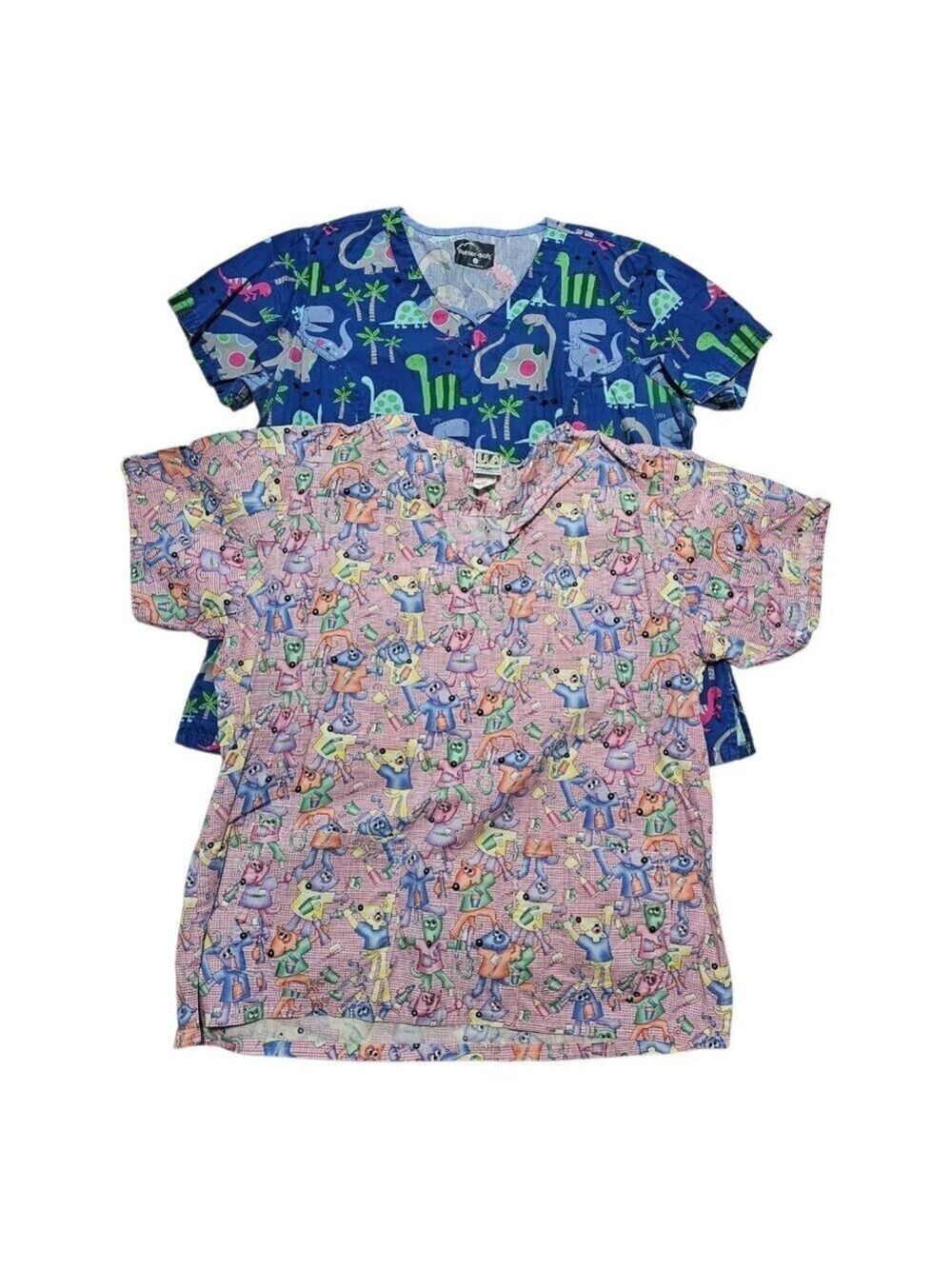Animal Print Scrub Top Large Dinosaurs Bears Pediatric Healthcare Dental 2